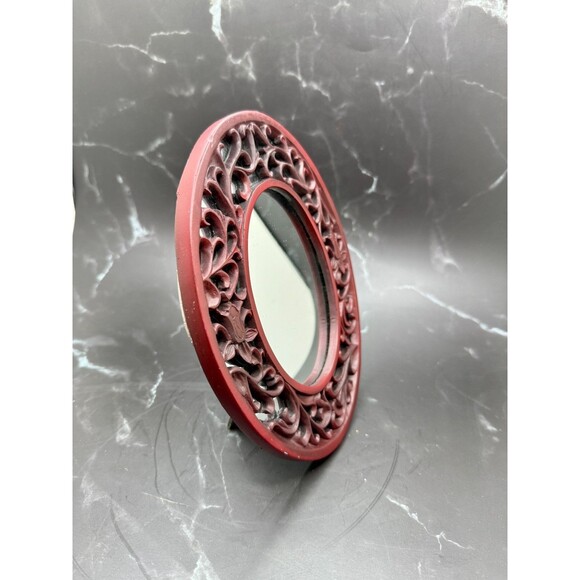 Vintage Ornate Carved Oval Faux Wood Framed Mirror 8" X 6.25" Stands - Picture 2 of 7